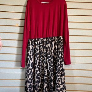 Shein Curve 3XL Red Leopard Print Long Sleeve Casual Dress Women's‎